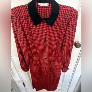 Vintage Valentino Miss V red and black houndstooth dress with black leather belt